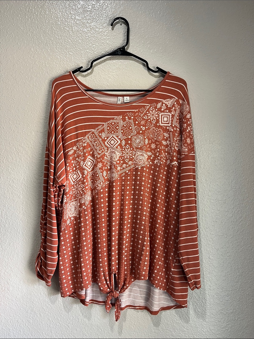 Cato Rust Print Knot-Hem Long Sleeve Top Sz XL Casual Boho Cottage Core